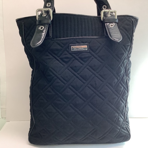 Vera Bradley Classic Quilted Microfiber and Patent Leather Large Black Tote Bag - Picture 1 of 13